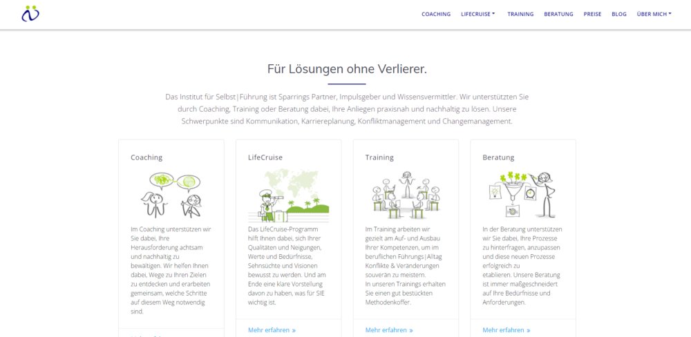 Ein Screenshot meiner neuen Website mit den Kategorien Coaching, LifeCruise, Training, Beratung und einer Kurzbeschreibung der Kategorien.