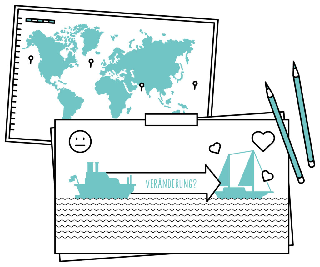 Illustration einer Landkarte im Hintergrund und zweier Schiffe im Vordergrund, um die Veränderung im LifeCruise Coaching zu symbolisieren