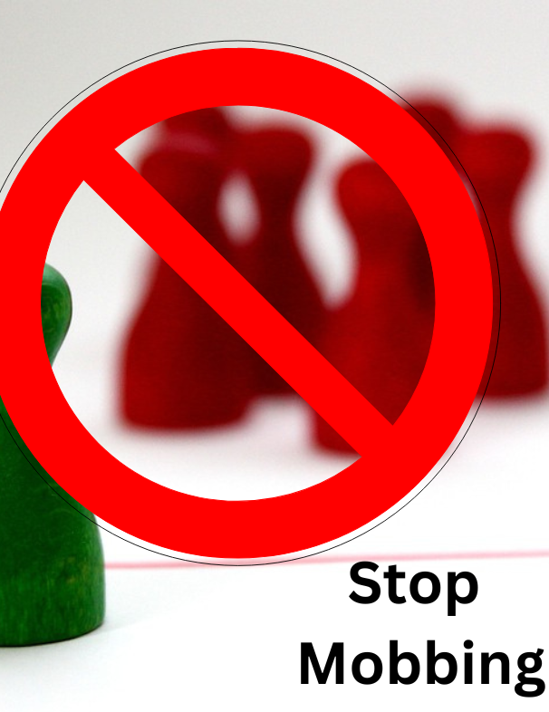 Eine Gruppe roter Spielmännchen grenzt ein grünes Spielmännchen aus. Diese Szene ist mit einem Verbotsschild überdeckt, darunter steht Stop Mobbing